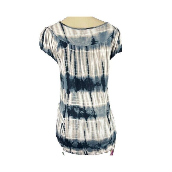 One World S Navy Blue-Gray Striped Tie-Dye Scoop Neckline Rayon Cap Sleeve Tee - Picture 4 of 6